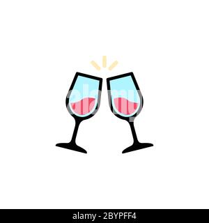 Glass cups cheers. Wine icon flat. Love stories symbol. Valentines day concept. Vector on isolated white background. Eps 10 Stock Vector