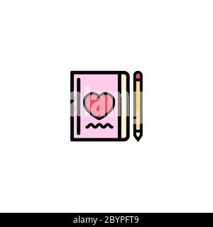 Notebooks, pencil, hearts icon flat. Love stories symbol. Valentines day concept. Vector on isolated white background. Eps 10 Stock Vector