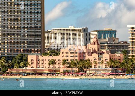 The Royal Hawaiian Hotel on Waikiki Beach in Honolulu, Hawaii as seen from the water Stock Photo