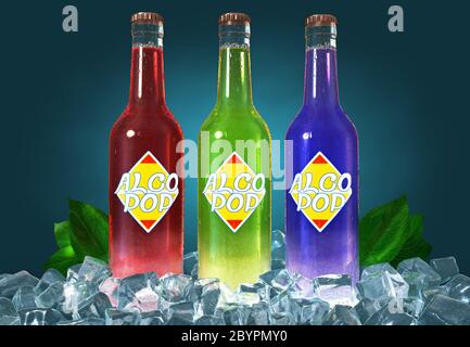 tree bottles of alcoholic drinks in different colors standing on ice cubes Stock Photo