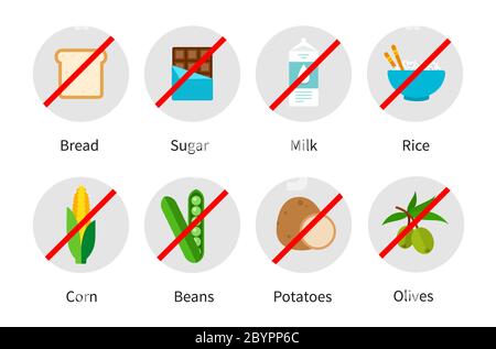 Collection flat vector icons junk meals from keto food pyramid isolated on white background. Stock Vector