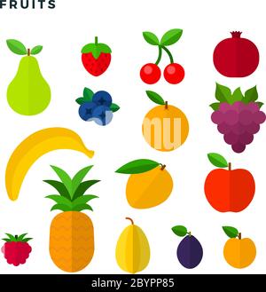 Fruits and berries vector flat icons set isolated on white. Stock Vector