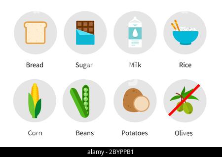 Set flat vector icons keto food pyramid isolated on white background. Ketogenic diet. Stock Vector