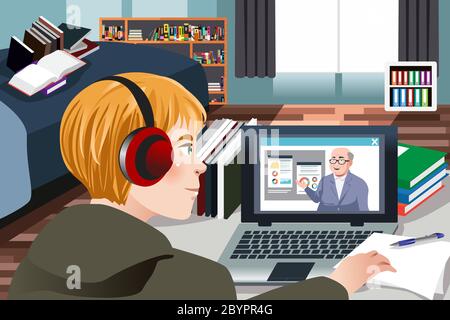 A vector illustration of Student Learning Online at Home Stock Vector