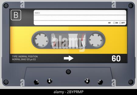 3d illustration of a black audio cassette with sticker and label Stock Photo