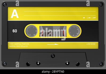 3d illustration of an yellow and black audio cassette with sticker and label Stock Photo