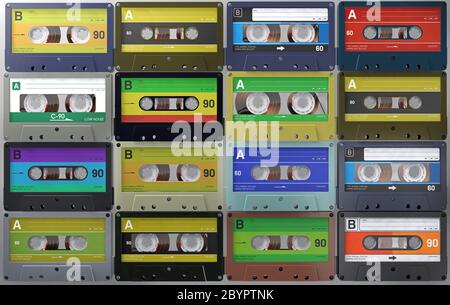 3d illustration a lot of retro and vintage audio cassettes or audio tapes in different colored labels Stock Photo