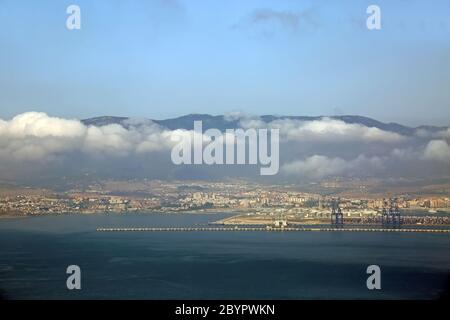 Rock of Gibraltar seen from the mediteranean sea. Gibraltar is a British Overseas Territory located at the southern tip of the Iberian Peninsula. Stock Photo