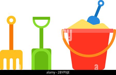 Set of kids sand bucket, shovel and rake vector icon flat isolated Stock Vector