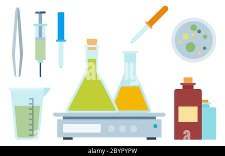 Collection vector icons laboratory equipment in flat style. Stock Vector