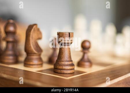Chess Pieces from behind, Before the game starts. Board Game, Wood pieces. Brown Side Stock Photo