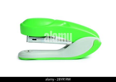Green stapler isolated on white background Stock Photo