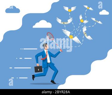 Running businessman with butterfly net chasing money is flying in air. Dollar banknotes and gold coins with wings. Concept of success career growth. Achievement and goal. Flat vector illustration Stock Vector