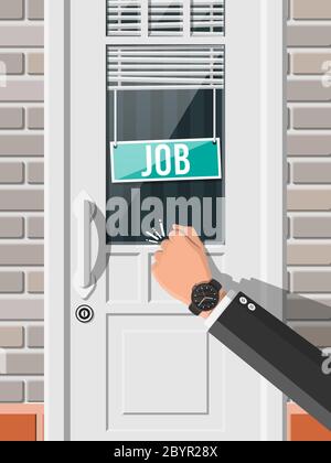 Businessman hand knocking on office door with vacancy sign. Job search. Hiring, recruiting. Human resources management, searching professional staff, work. Found right resume. Flat vector illustration Stock Vector