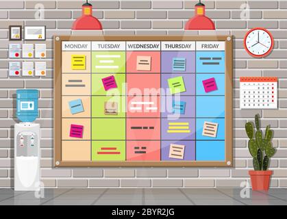Scrum agile board in office interior. Bulletin board hanging on wall full of tasks on sticky note cards. List of event for employee. Development, team work, agenda to do list. Flat vector illustration Stock Vector