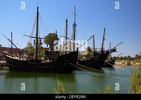 View of the three caravels in the Wharf of the caravels Palos de la Frontera Huelva Andalusia Spain Stock Photo