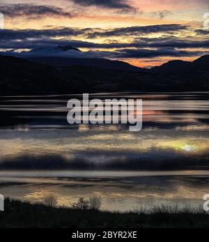 View of Ben Lomond to the west of Loch Katrine at sunset. Composite of three images. Stock Photo