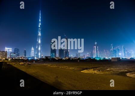 Dubai panorama and Burj Khalifa is currently the tallest building in the world, at 829.84 m (2,723 ft). Stock Photo