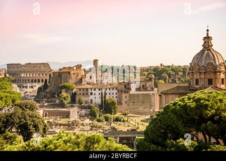 Forum Romanum and Coliseum view from the Capitoline Hill in Italy, Rome. Travel world