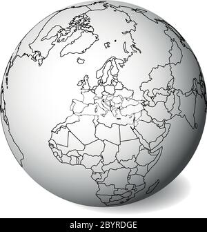 Blank political map of Europe. 3D Earth globe with black outline map. Vector illustration. Stock Vector