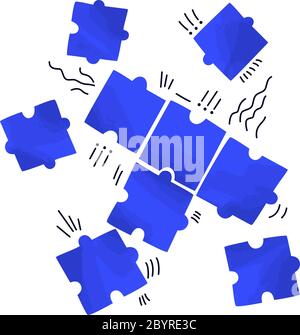 Vector flat illustration of several piece of puzzles, scattering on white space. Solving problem, jigsaw concept - teamwork for business success Stock Vector