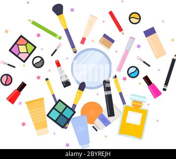 Makeup tools are scattered on white vector flat isolated Stock Vector