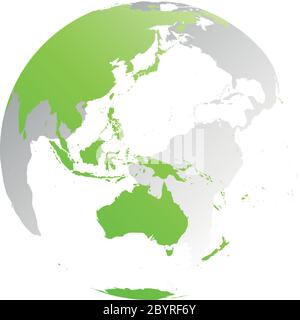 3D planet Earth globe. Transparent sphere with green land silhouettes. Focused on Australia and Oceania. Stock Vector