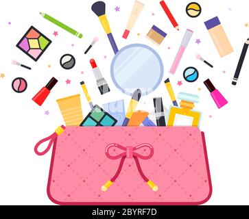 Cosmetics flying out of the bag vector icon flat isolated illustration Stock Vector