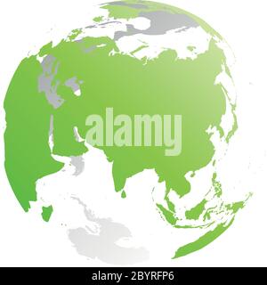 3D planet Earth globe. Transparent sphere with green land silhouettes. Focused on Asia. Stock Vector