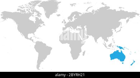 Australia continent blue marked in grey silhouette of World map. Simple flat vector illustration. Stock Vector