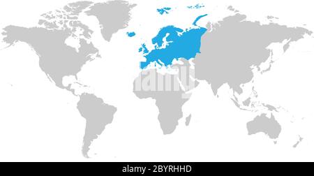 Europe continent blue marked in grey silhouette of World map. Simple flat vector illustration. Stock Vector