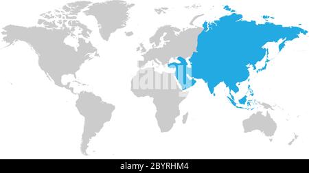 Asia continent blue marked in grey silhouette of World map. Simple flat vector illustration. Stock Vector
