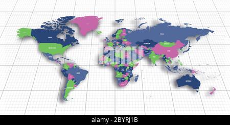 Colorful geopolitical map of World. Bottom perspective view with background grid. Vector illustration. Stock Vector