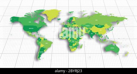 Green geopolitical map of World. Bottom perspective view with background grid. Vector illustration. Stock Vector