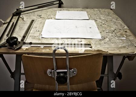 drawing table with blueprints, architect table, vintage, sketches close up Stock Photo