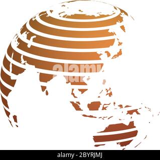 Earth globe with orange striped World land map focused on Asia. 3D vector illustration. Stock Vector