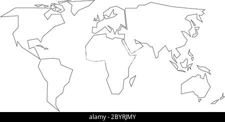 Simplified black outline of world map divided to six continents. Simple flat vector illustration on white background. Stock Vector