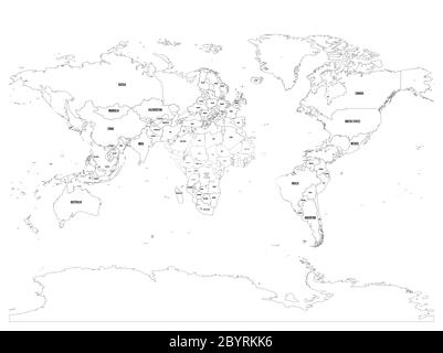 Horizontally flipped political map of World. Mirror reflection. Thin black outline vector illustration Stock Vector