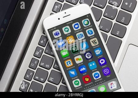 Assorted video conferencing, video calling, and virtual meeting apps are seen on a smartphone on May 26, 2020. Stock Photo
