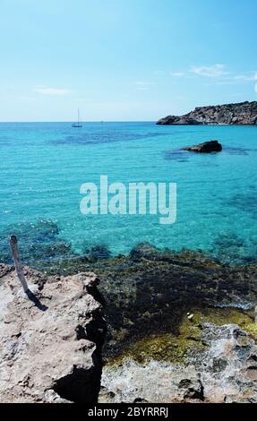Cala Tarida in Ibiza beach San Jose at Balearic Islands Stock Photo
