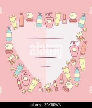 Products and creams for makeup. Cosmetics - bottles, tonic and lotion, lipstick, nail polish, eyeshadow and a small mirror and shells. In the center Stock Vector
