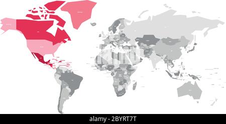 Map of World in grey colors with red highlighted countries of North America. Vector illustration. Stock Vector