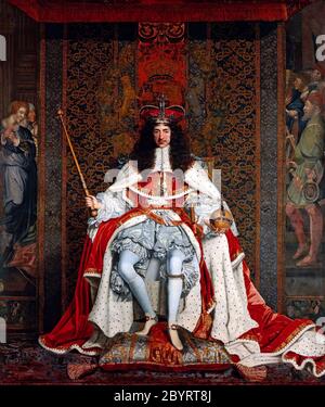 King Charles II, Coronation portrait: Charles was crowned at Westminster Abbey on 23 April 1661 by John Michael Wright. Charles II (1630 – 1685) king of England, Scotland, and Ireland. He was king of Scotland from 1649 until his deposition in 1651, and king of England, Scotland and Ireland from the 1660 Restoration of the monarchy until his death in 1685. Stock Photo