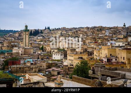 FEZ, MOROCCO - CIRCA MAY 2018:  View of Fez and rooftops of the Medina Fes el Bali, the oldest medina quarter of the city,. Stock Photo