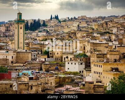 FEZ, MOROCCO - CIRCA MAY 2018:  View of Fez and rooftops of the Medina Fes el Bali, the oldest medina quarter of the city,. Stock Photo