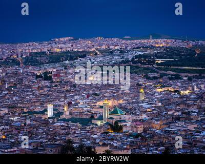 FEZ, MOROCCO - CIRCA MAY 2018:  Aerial view of the Medina in Fez during blue hour Stock Photo