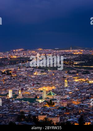 FEZ, MOROCCO - CIRCA MAY 2018:  Aerial view of the Medina in Fez during blue hour Stock Photo