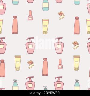Products and creams for makeup. Cosmetics. Heart of bottles, tonic and lotion, lipstick, nail polish and a small mirror. Seamless vector pattern on a Stock Vector