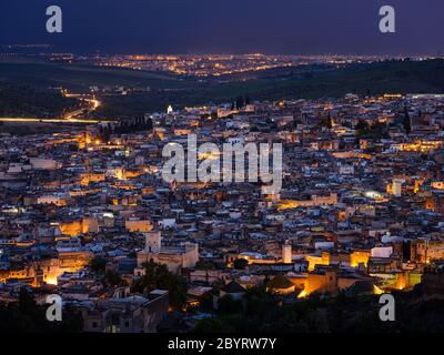 FEZ, MOROCCO - CIRCA MAY 2018:  Aerial view of the Medina in Fez during blue hour Stock Photo