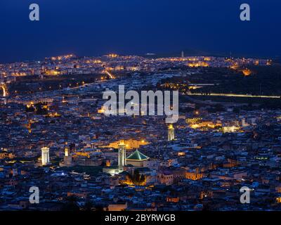 FEZ, MOROCCO - CIRCA MAY 2018:  Aerial view of the Medina in Fez during blue hour Stock Photo